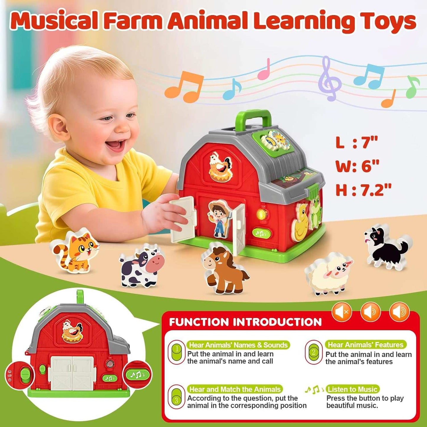 Musical farm animal toy with lights, sounds, shape sorting, and interactive buttons for toddler learning and fine motor skills development