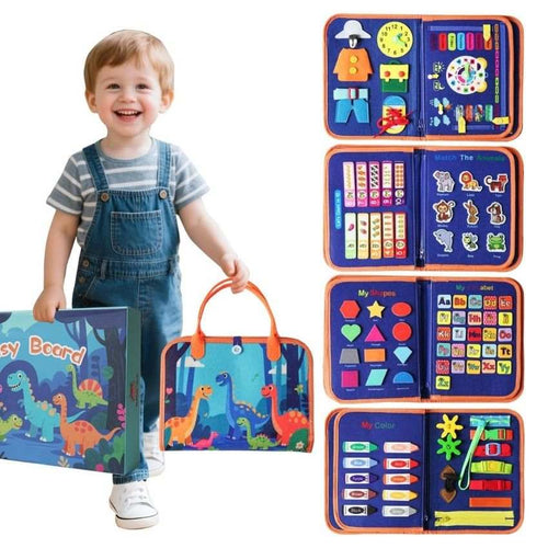 Montessori busy board for toddlers with interactive sensory learning activities and travel-friendly design