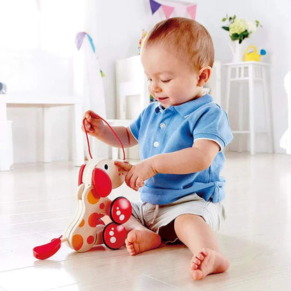 Wooden Animal Pull Toy for toddlers with rolling wheels and eco-friendly wood design