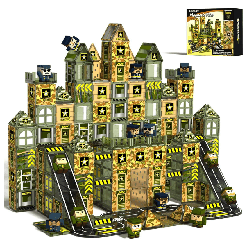 Army Magnetic Tiles STEM military building set for kids with magnetic tiles, road pieces, and character figures