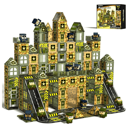 Army Magnetic Tiles STEM military building set for kids with magnetic tiles, road pieces, and character figures