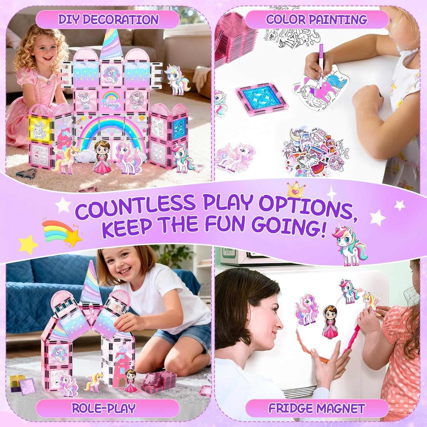 Magnetic Tiles Frozen STEM creative building set with unicorn castle and colorful magnetic dolls
