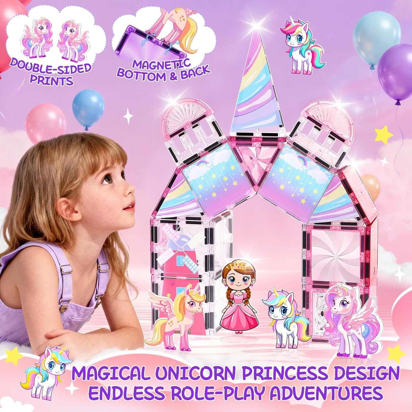 Magnetic Tiles Frozen Unicorn Castle STEM creative colorful building set with magnetic dolls and decorative accessories