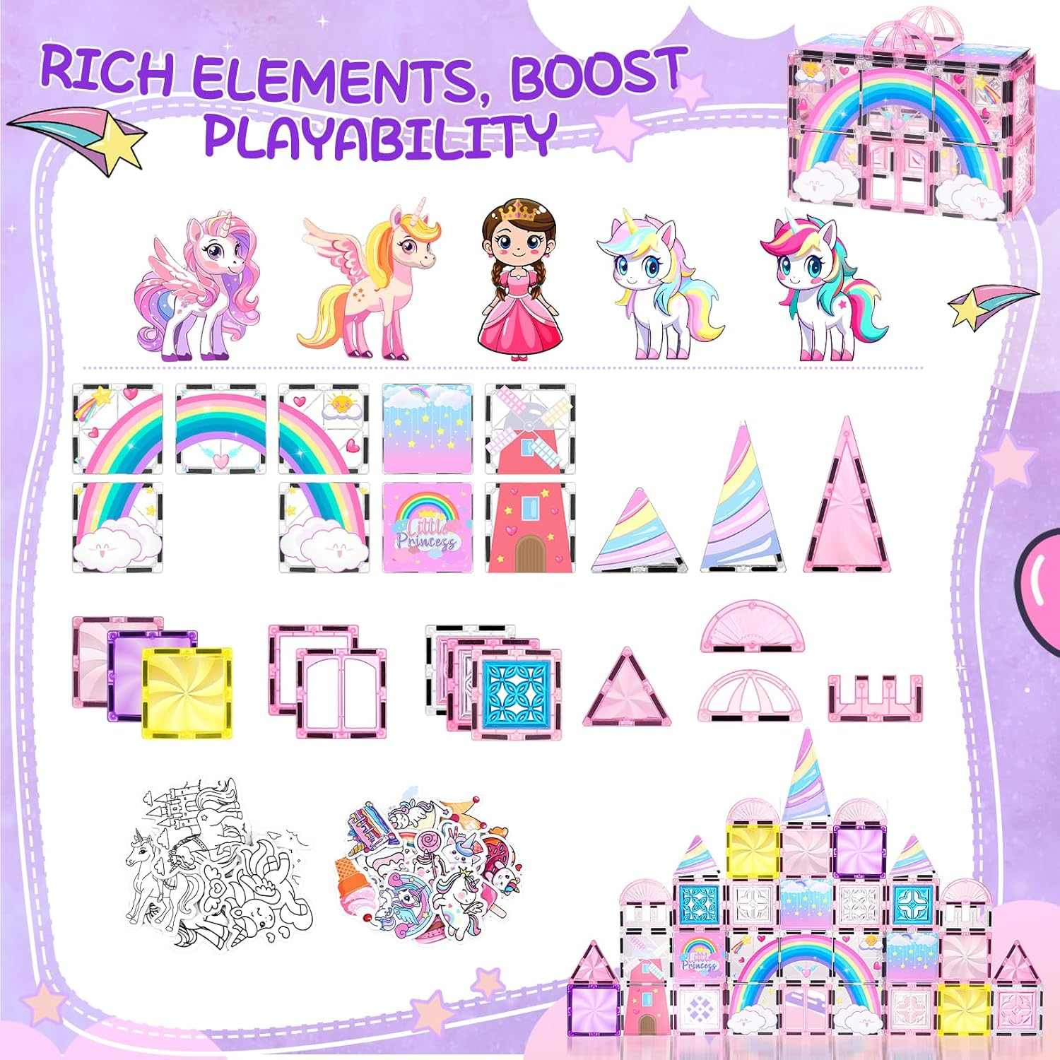 Magnetic Tiles Frozen Unicorn Castle STEM creative building set with colorful magnetic tiles and dolls