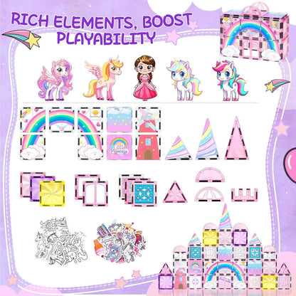 Magnetic Tiles Frozen Unicorn Castle STEM creative building set with colorful magnetic tiles and dolls
