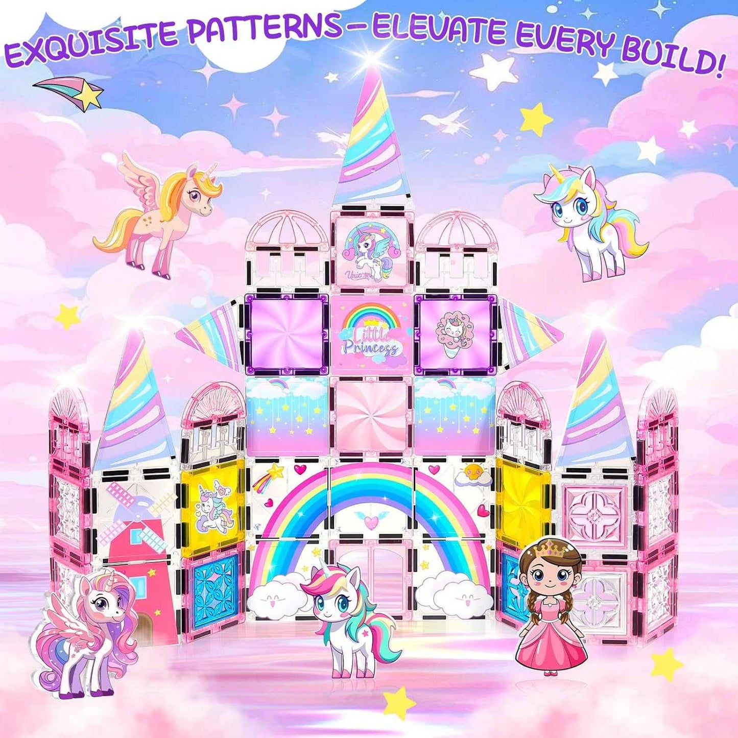 Colorful Magnetic Tiles Frozen Unicorn Castle STEM building set with dolls and accessories for creative play