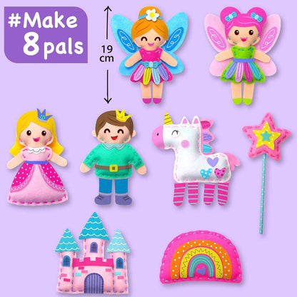 Sewing Kit for Kids with 8 animal and fairy felt projects, jumbo blunt needle, colorful threads, and stickers for beginner sewing.