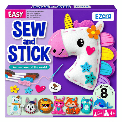 Sewing Kit for Kids with 8 beginner projects, felt animals and fairy tales, colorful threads, and blunt plastic needle for safe screen-free sewing fun.