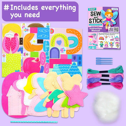 Children using a Sewing Kit for Kids to create felt animal and fairy projects with colorful threads and safe plastic needles