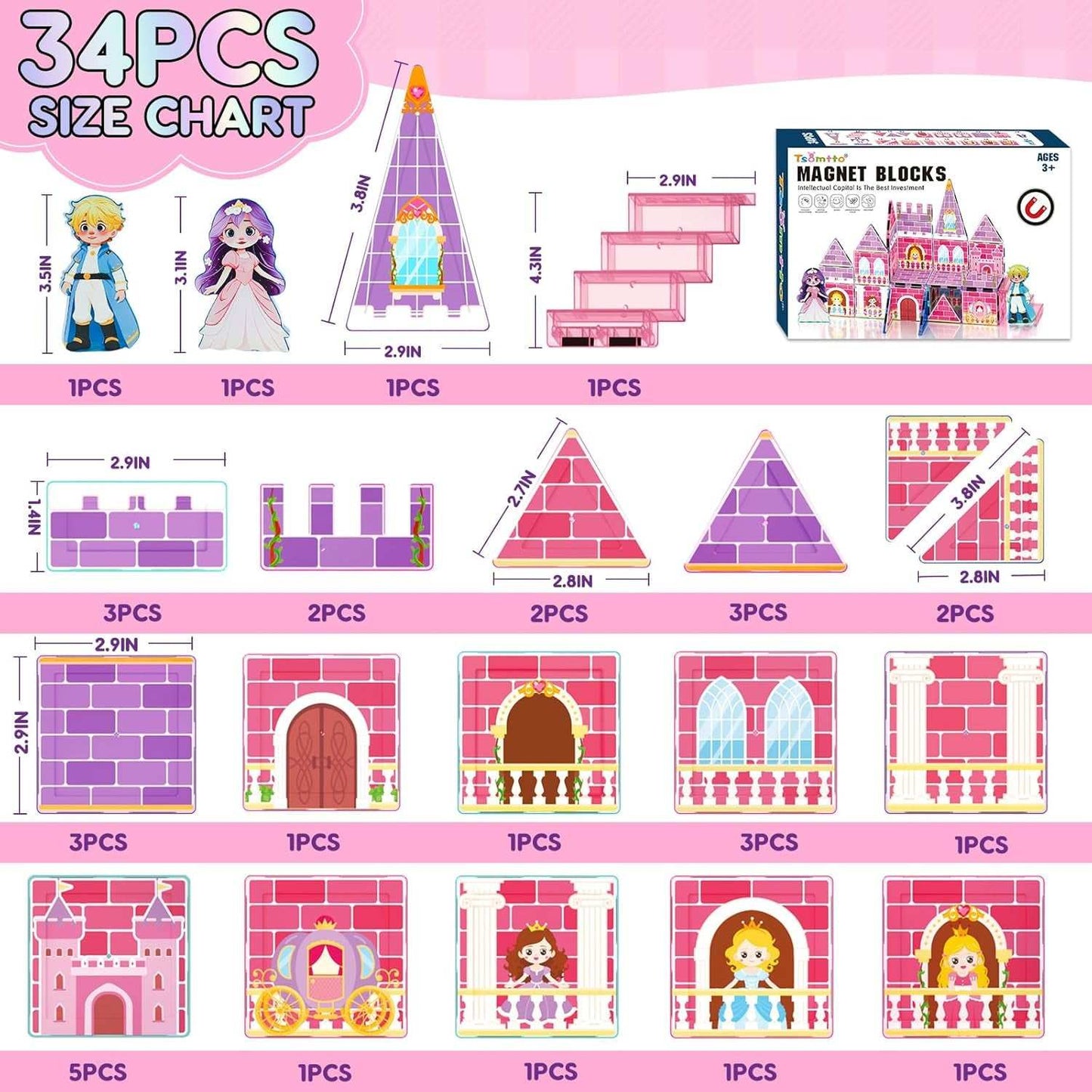 Colorful princess magnetic tiles castle building toy for creative play