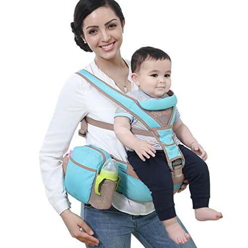 multifunctional baby front carrier waist stool in sky blue with storage pouch and baby seated securely on mother