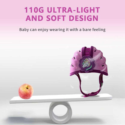Purple baby safety helmet with unicorn design, ultra-lightweight and soft for crawling and walking protection