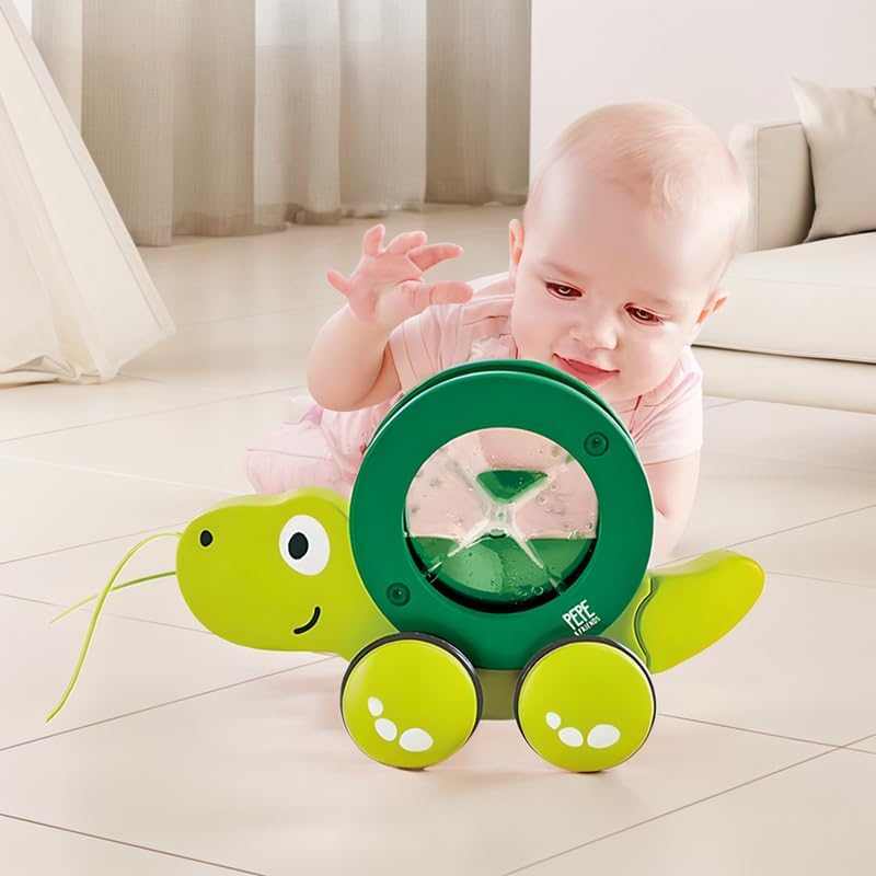 Colorful wooden pull along toys for toddlers featuring animal designs for sensory play and early walking development