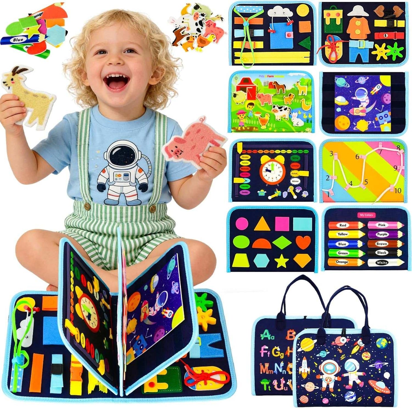 Montessori Busy Board with colorful felt activities for toddlers learning shapes, numbers, and practical skills without screens