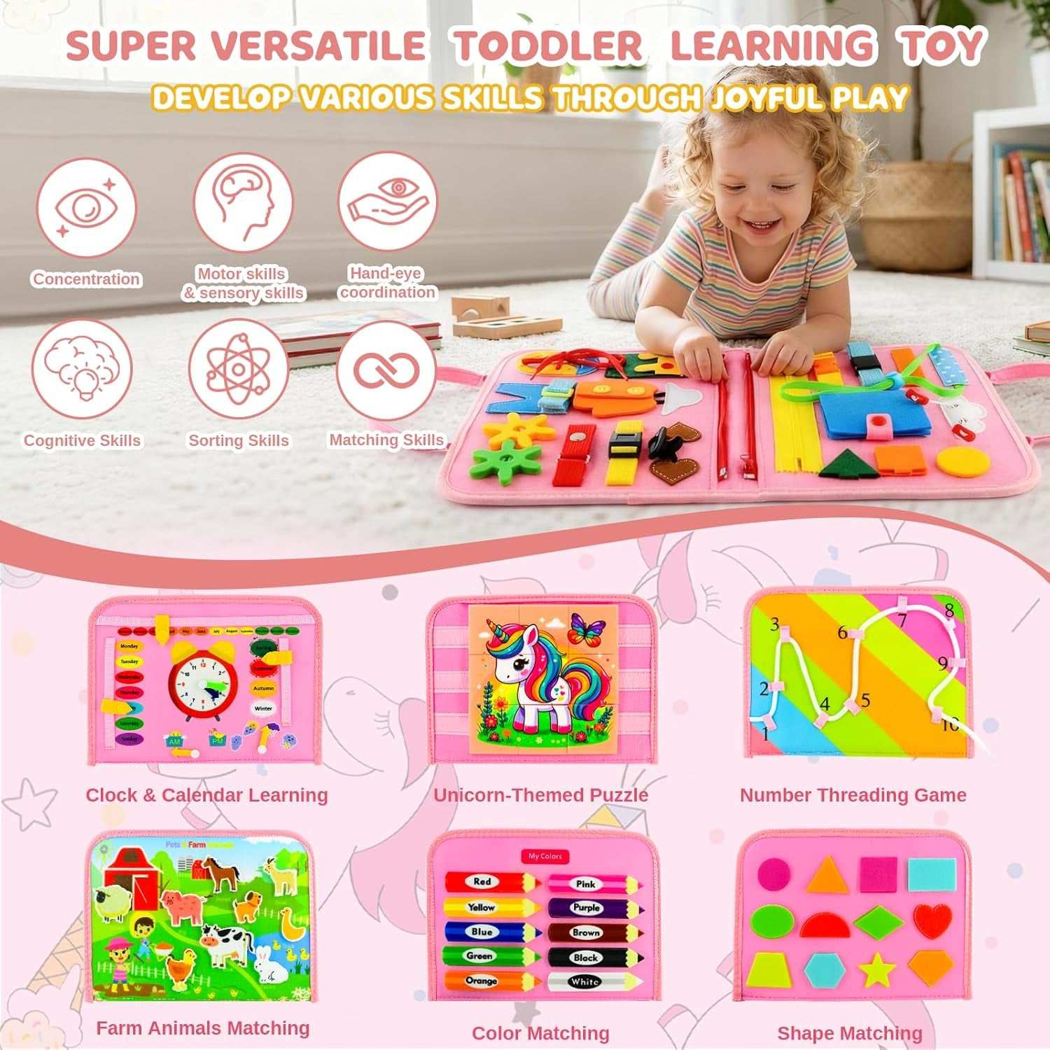 Montessori Busy Board with colorful felt interactive learning activities for toddlers