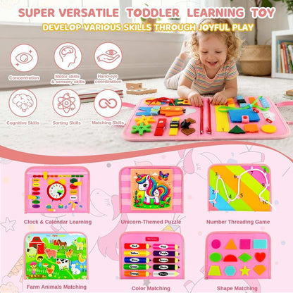 Montessori Busy Board with colorful felt interactive learning activities for toddlers