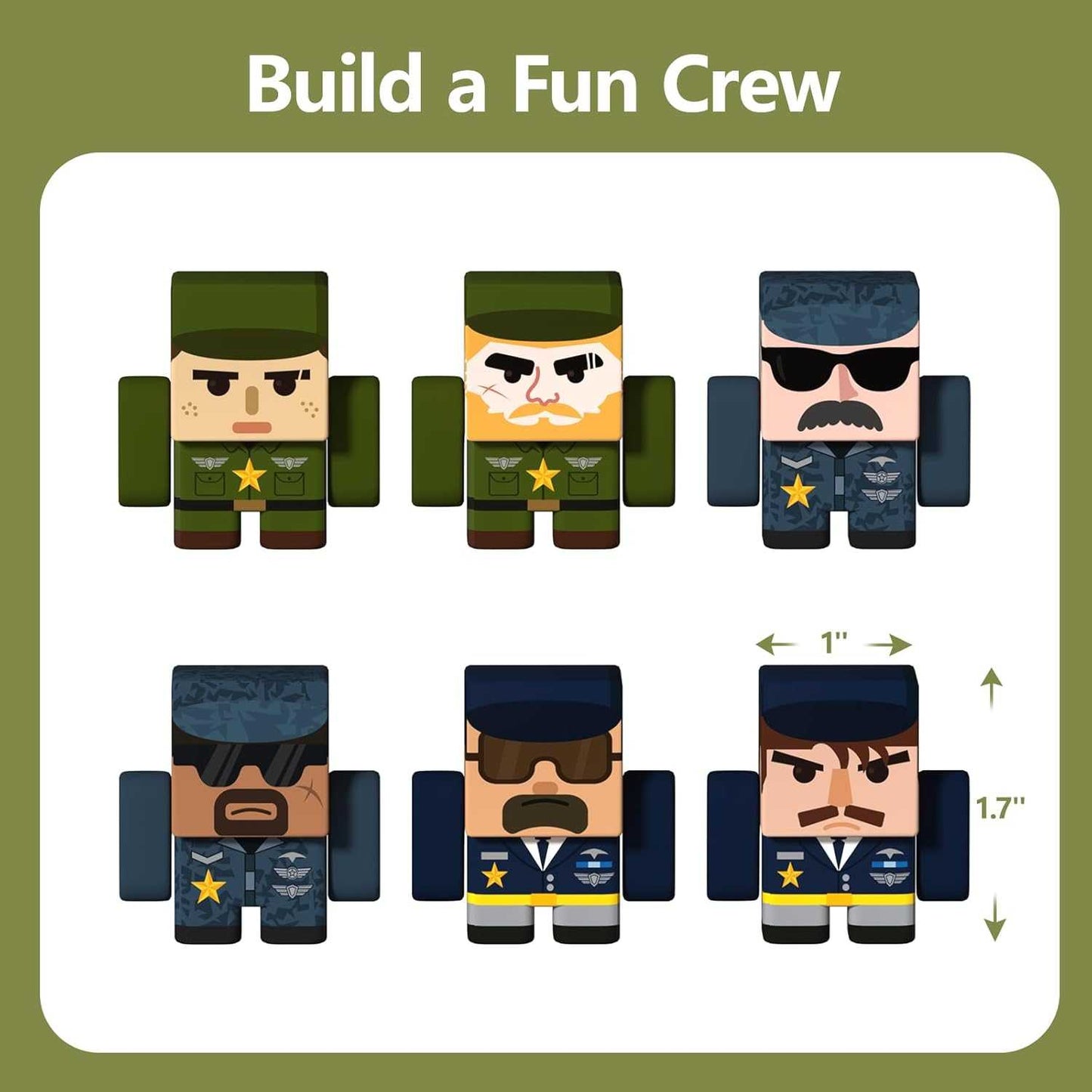 Set of toy figures in military and police uniforms with text 'Build a Fun Crew' on a green background.