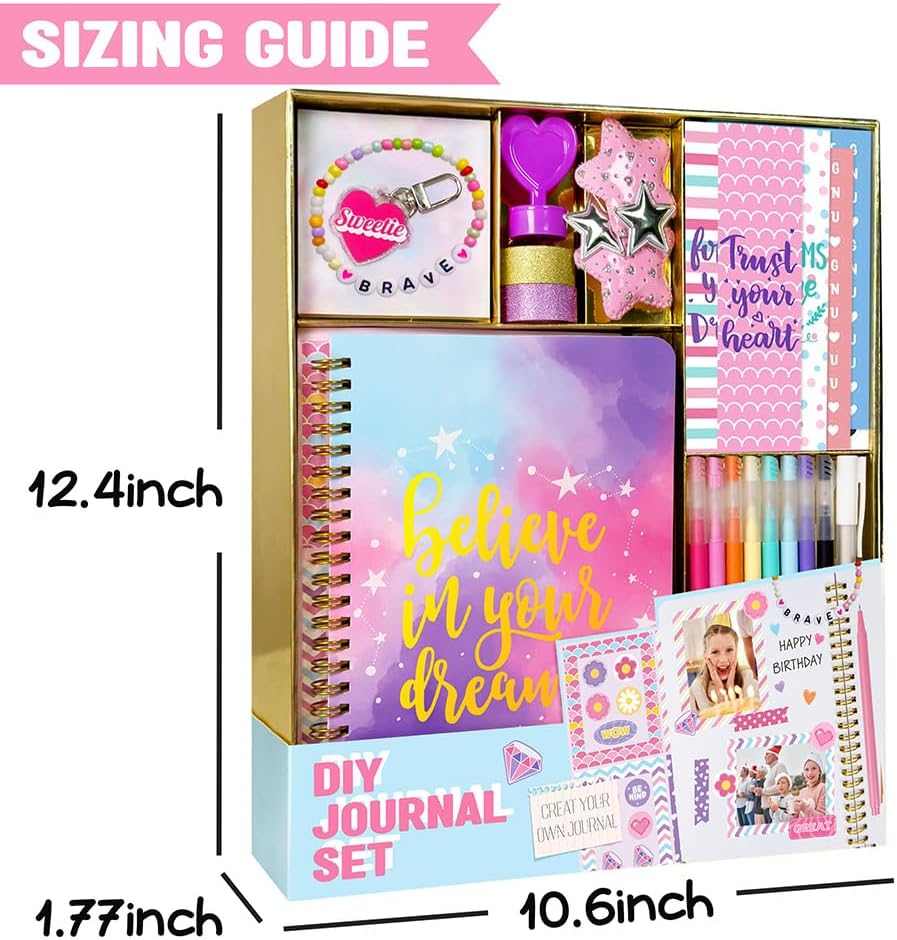 DIY Journal Kit for Girls 26 Pcs creative scrapbook craft set with journal, stickers, pens, and decorative accessories for ages 8 to 14