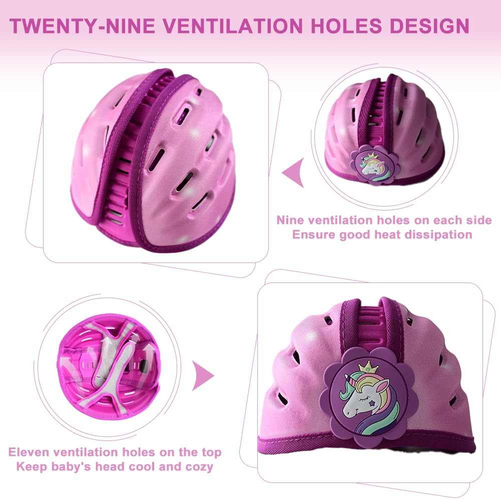 Purple unicorn baby safety helmet with 29 ventilation holes for cooling and protection during crawling and walking