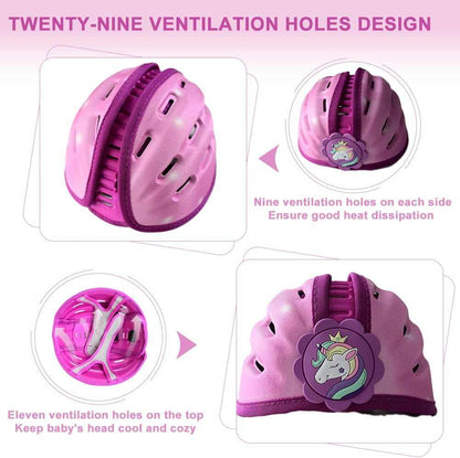 Purple unicorn baby safety helmet with 29 ventilation holes for cooling and protection during crawling and walking