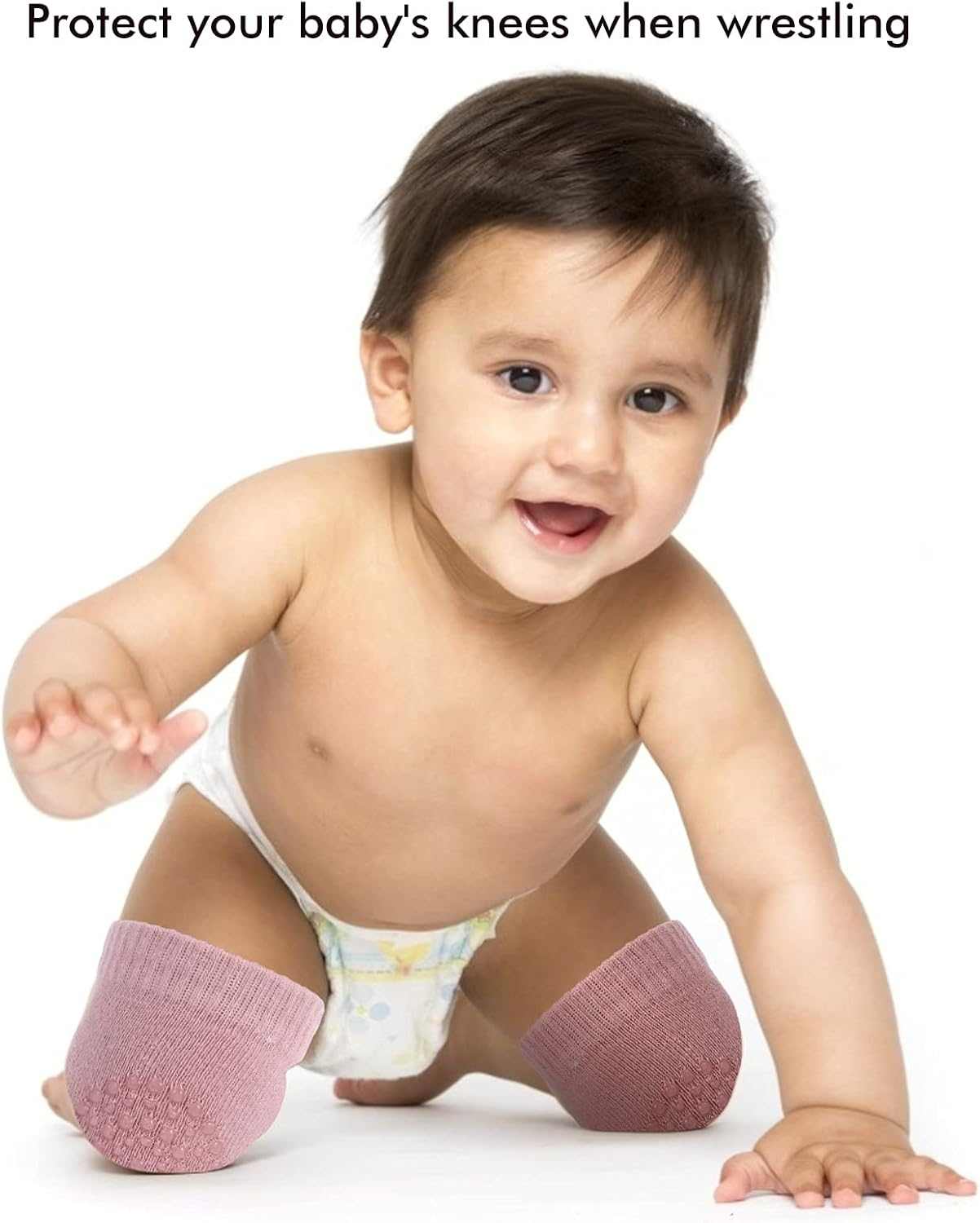 Baby crawling wearing pink knee pads for protection and support