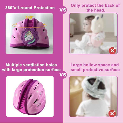 Purple unicorn baby safety helmet with 360-degree protection and ventilation for crawling and walking infants