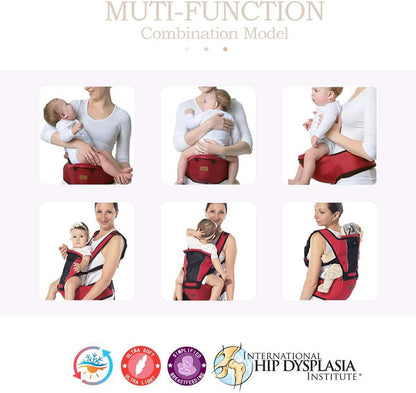 Multi-function baby carrier with various usage scenarios on a white background, featuring the International Hip Dysplasia Institute logo.