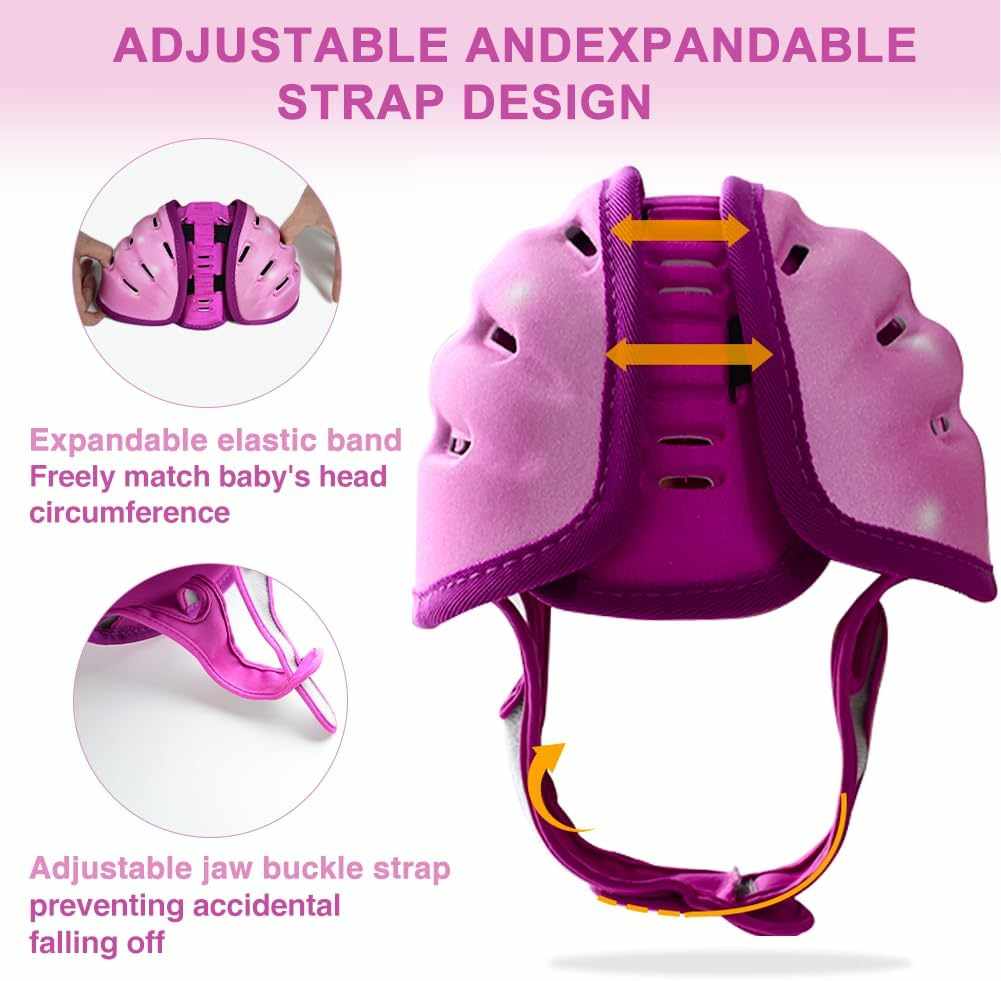 Purple baby safety helmet with adjustable expandable straps for secure fit and head protection