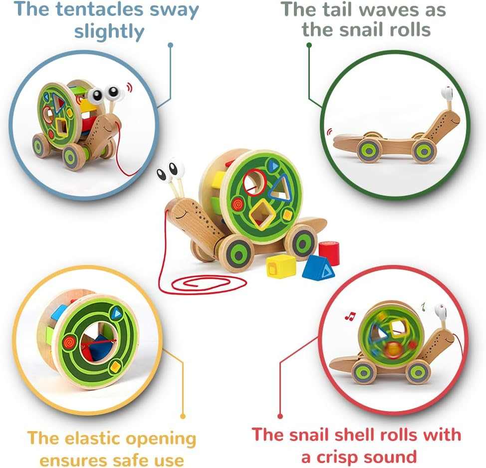 Colorful wooden pull along toys for toddlers featuring animal designs and sensory play elements