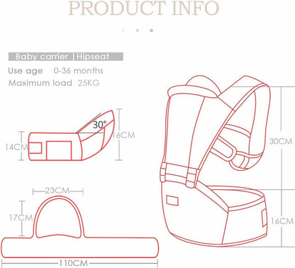 Line drawing of a baby carrier with dimensions on a white background