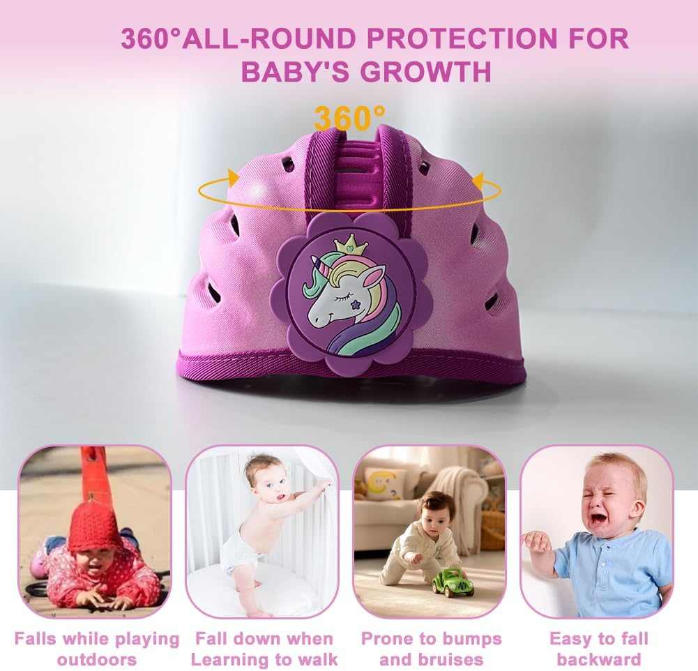 Purple unicorn baby safety helmet with 360-degree protection for crawling and walking babies