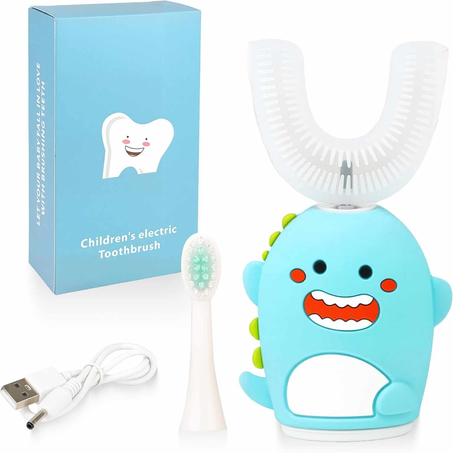 Kids U shaped electric toothbrush with timer, waterproof, rechargeable, sonic cleaning for ages 7 to 15, dinosaur design