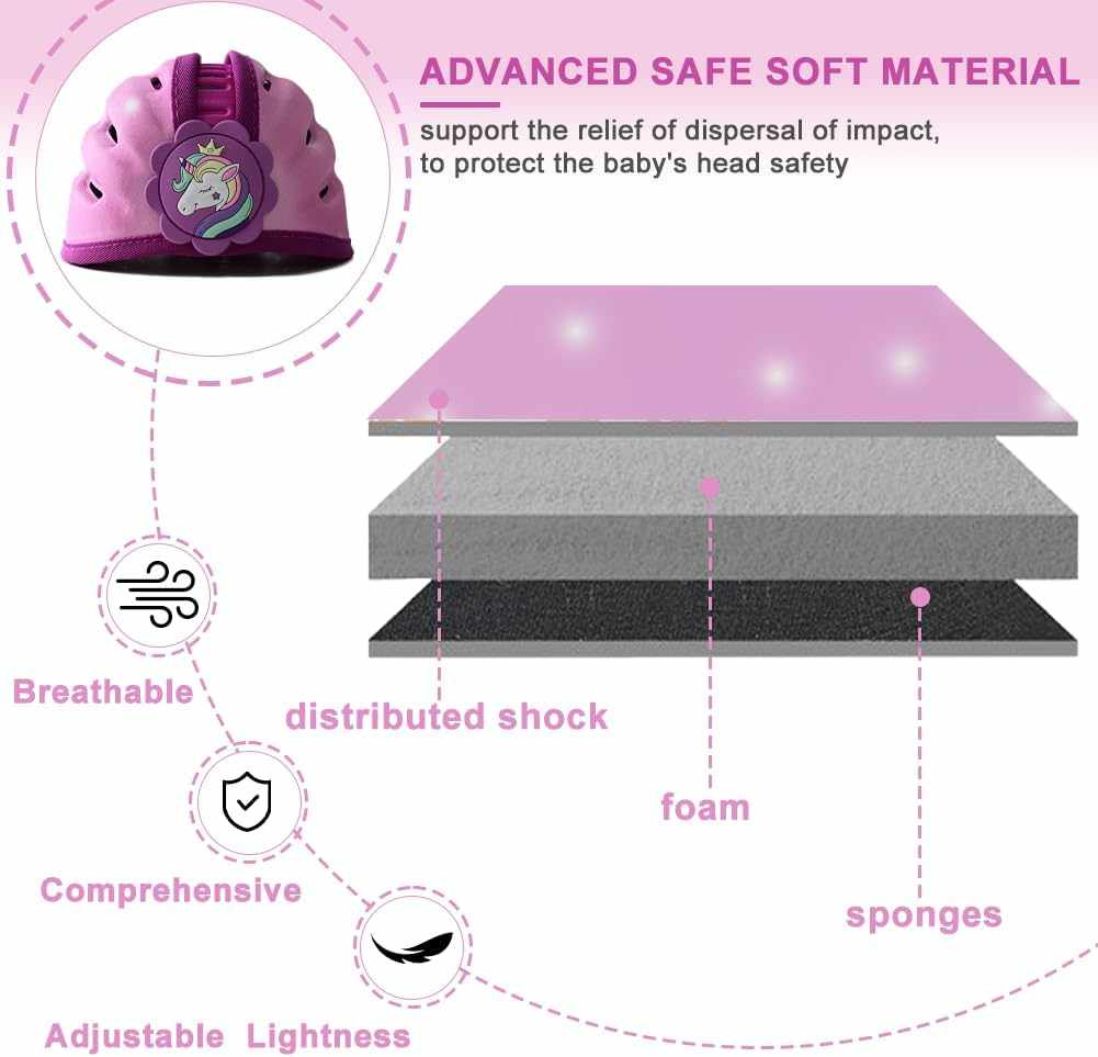 Purple unicorn baby safety helmet with soft breathable foam and adjustable straps for head protection during crawling and walking