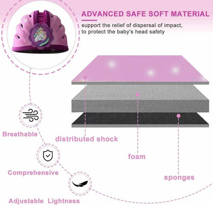 Purple unicorn baby safety helmet with soft breathable foam and adjustable straps for head protection during crawling and walking