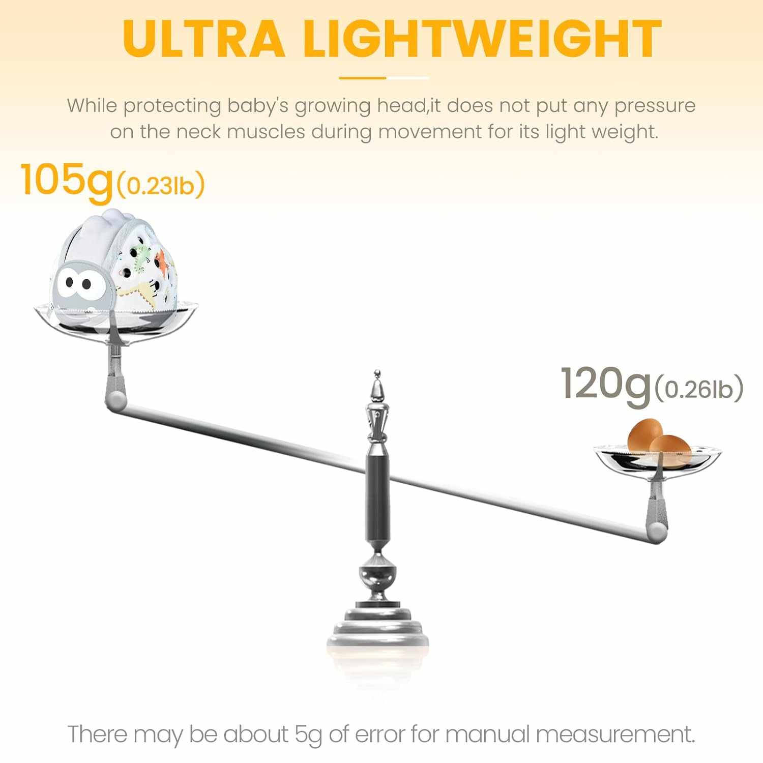 Baby Safety Helmet Fun Grey Dinosaur weighing 105g shown ultra lightweight compared to 120g egg on balancing scale