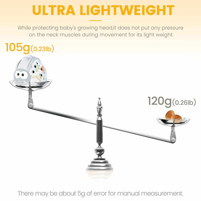 Baby Safety Helmet Fun Grey Dinosaur weighing 105g shown ultra lightweight compared to 120g egg on balancing scale