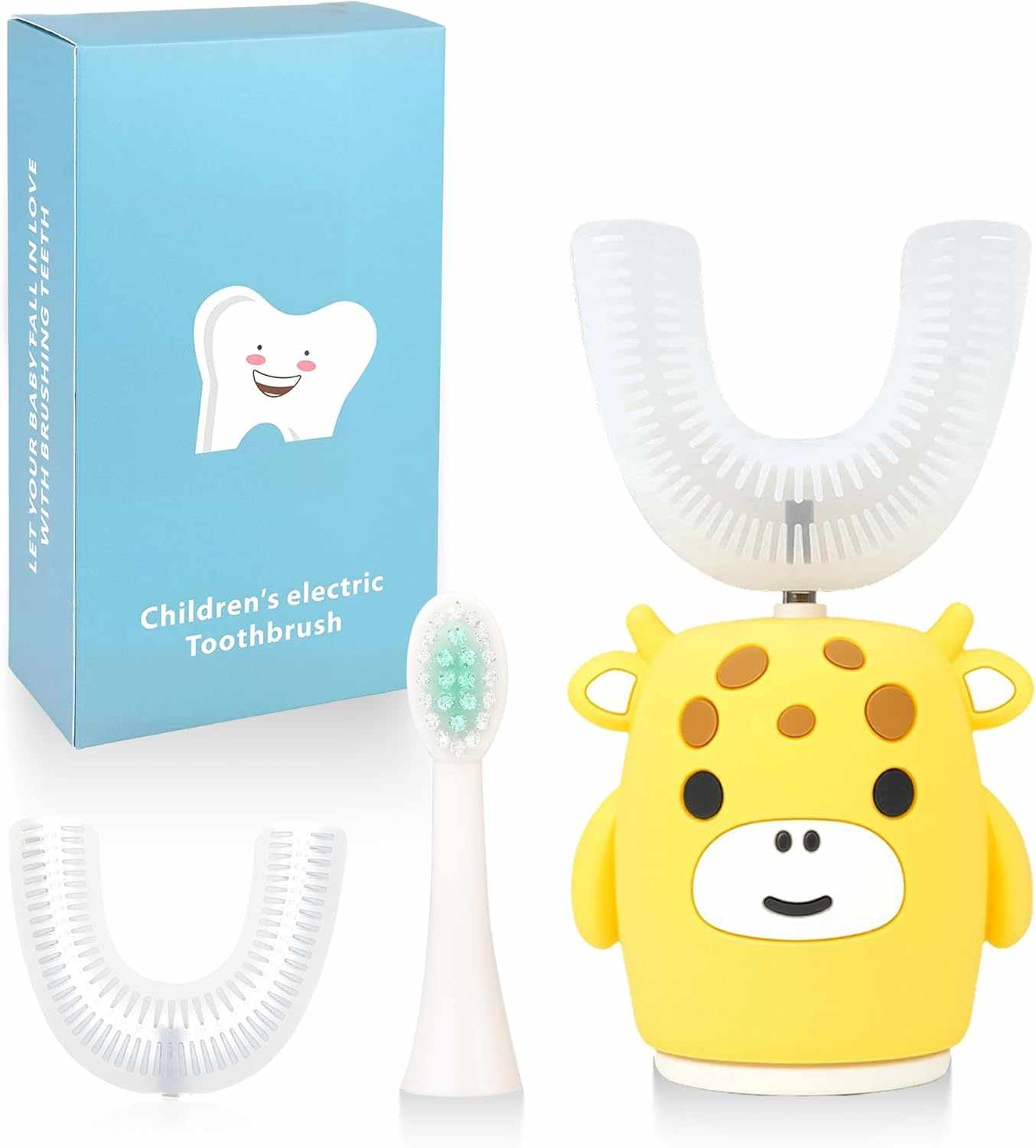 Kids U Shaped Electric Toothbrush with timer and waterproof design for ages 7 to 15, featuring a giraffe design and silicone brush head.