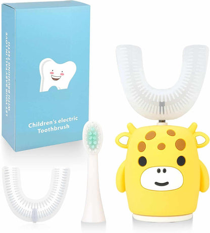 Kids U Shaped Electric Toothbrush with timer and waterproof design for ages 7 to 15, featuring a giraffe design and silicone brush head.