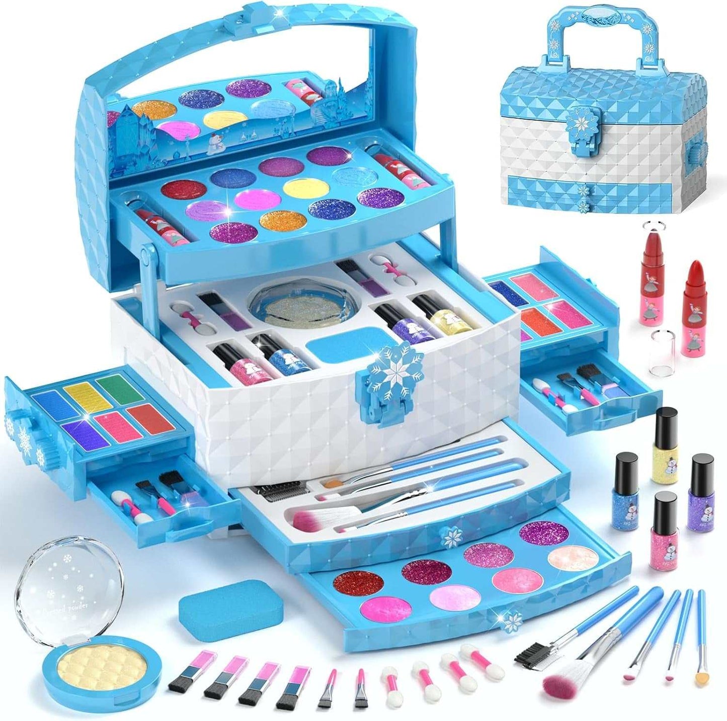 Kids Makeup Kit for Girls 56 pcs washable non toxic cosmetic set with brushes and vibrant colors in carry case