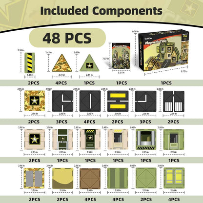 List of included components with quantities and dimensions for a magnetic tile set.