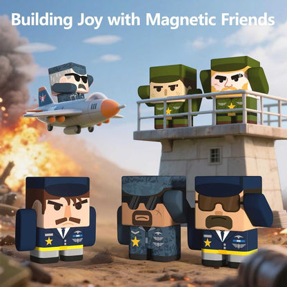 Toy figures in military uniforms with a tower and airplane in an action-packed scene, featuring text 'Building Joy with Magnetic Friends'.