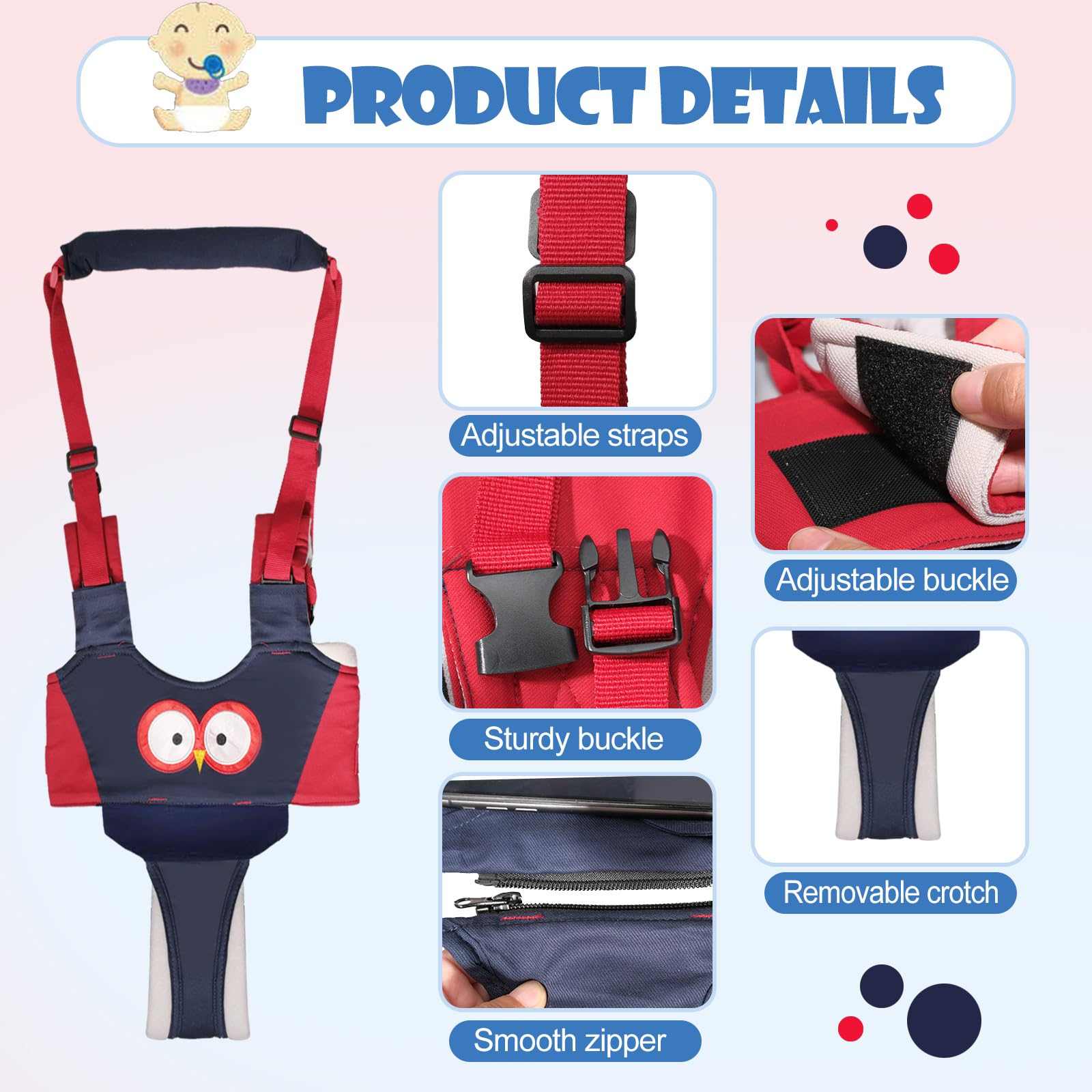 Adjustable red and navy blue baby walking harness with sturdy buckles, smooth zipper, and removable crotch for toddler safety and comfort