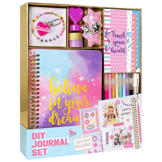 DIY Journal Kit for Girls with 26 pieces including spiral journal, stickers, pens, glitter tapes, and charm accessories for creative scrapbooking and journaling ages 8 to 14