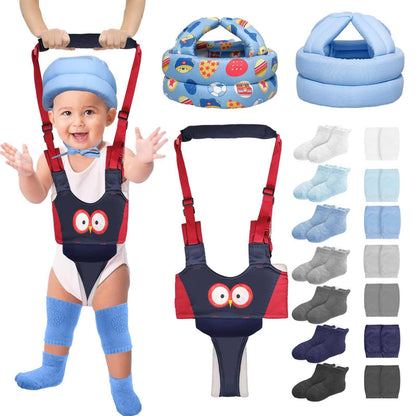 Baby Safety Helmet Set with blue walking harness, knee pads, grip socks, and soft helmets for boys first steps