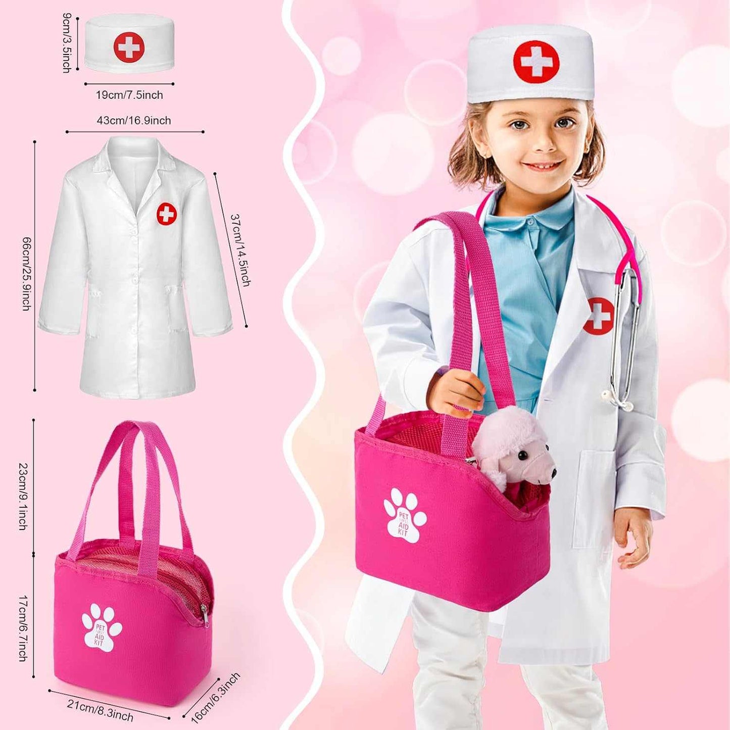36 PC Vet Doctor Kit for kids with plush dog and doctor costume playset