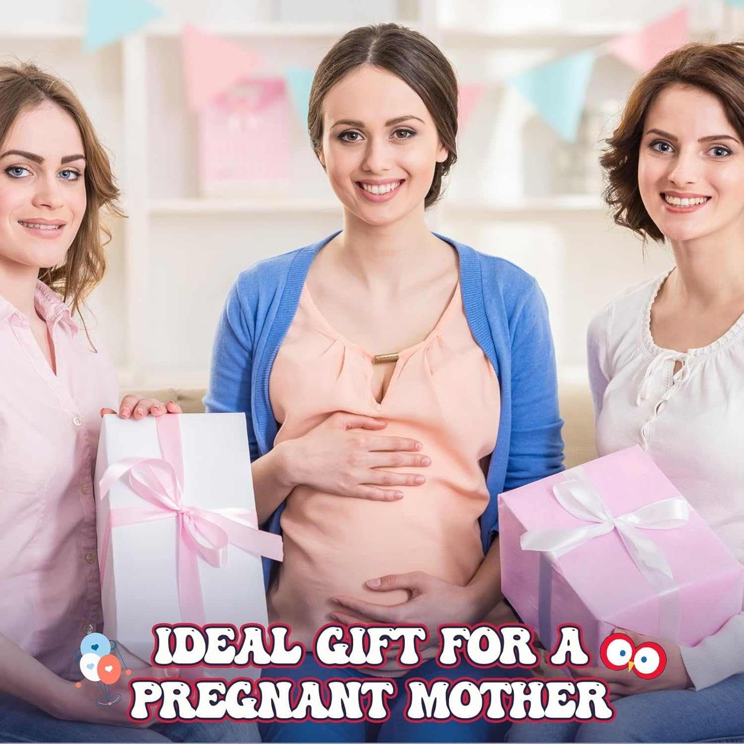 Pregnant woman with friends holding gift boxes ideal for baby safety helmet set gift