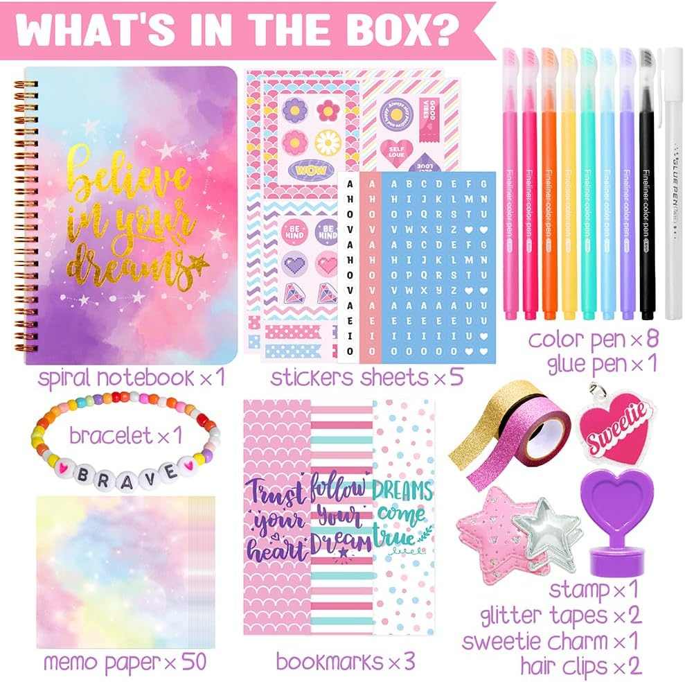DIY Journal Kit for Girls 26 Pcs with spiral journal, stickers, pens, and craft accessories for creative scrapbooking ages 8 to 14