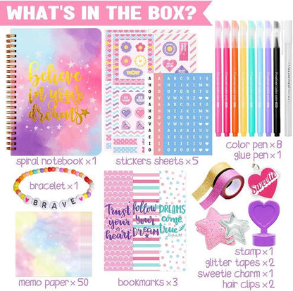 DIY Journal Kit for Girls 26 Pcs with spiral journal, stickers, pens, and craft accessories for creative scrapbooking ages 8 to 14