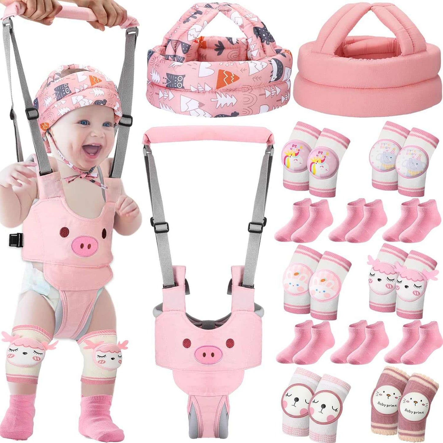 Pink Pig baby safety helmet set with walking harness, knee pads, and anti-slip socks for toddlers