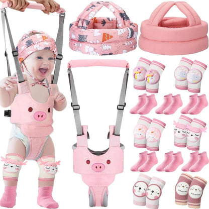 Pink Pig baby safety helmet set with walking harness, knee pads, and anti-slip socks for toddlers